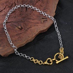 NEW Two Tone 18K Gold Plated Circle Bar Toggle Link Chain Necklace